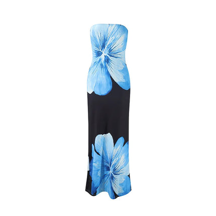 Strapless floral maxi dress with blue flower print on black, long summer dress