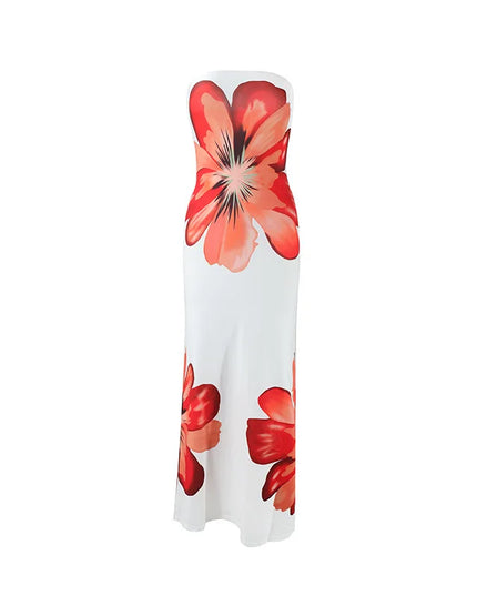 Back view of blue floral strapless maxi dress with cream skirt and large flower detail