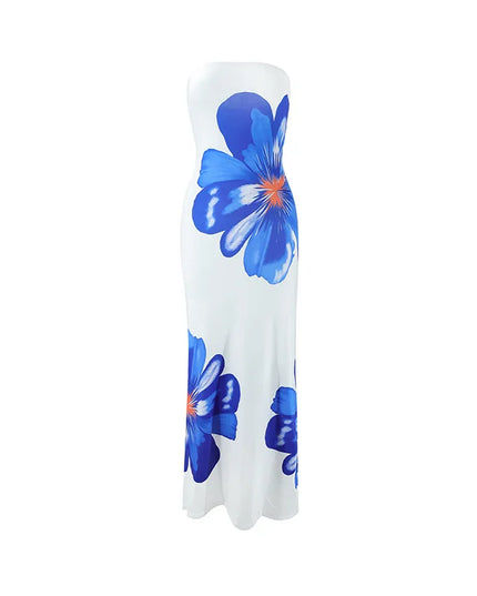 White floral strapless maxi dress with blue blossoms and full-length cut