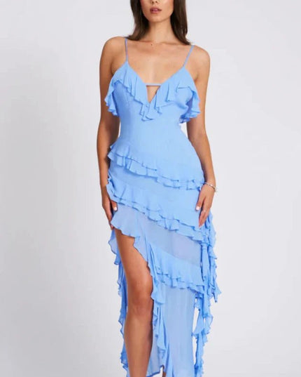 Front view of a light blue ruffled midi dress with thin straps and layered skirt