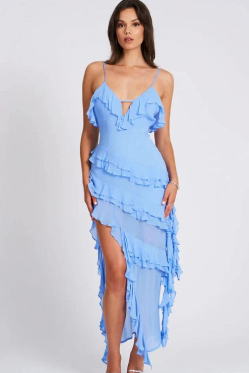 Front view of a light blue ruffled midi dress with thin straps and layered skirt