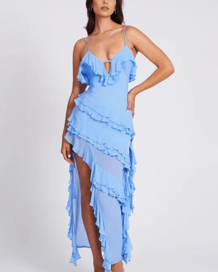 Light blue summer dress with spaghetti straps, ruffle trim, and thigh-high slit