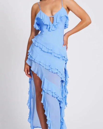 Close front view of a blue ruffled midi dress with deep V neckline and asymmetrical layers