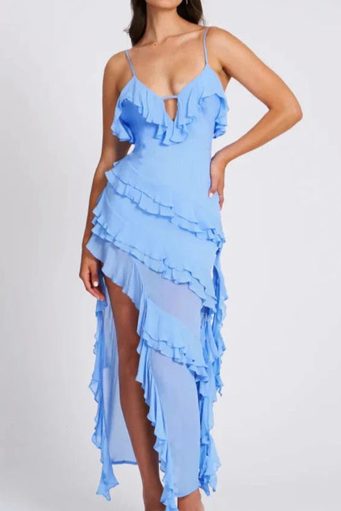 Close front view of a blue ruffled midi dress with deep V neckline and asymmetrical layers