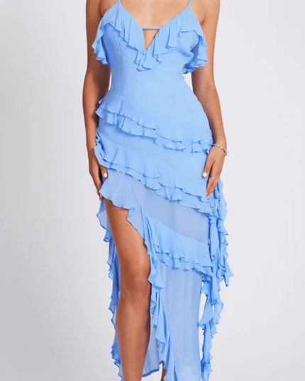 Front view of a light blue midi dress with layered ruffles and high slit for summer wear