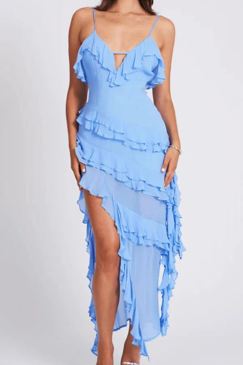 Front view of a light blue midi dress with layered ruffles and high slit for summer wear