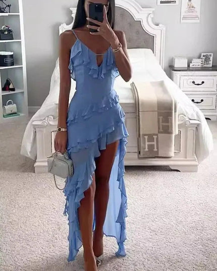 Light blue ruffled spaghetti strap midi dress with asymmetrical hem and high slit