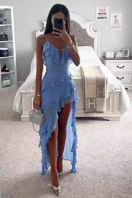 Light blue ruffled spaghetti strap midi dress with asymmetrical hem and high slit
