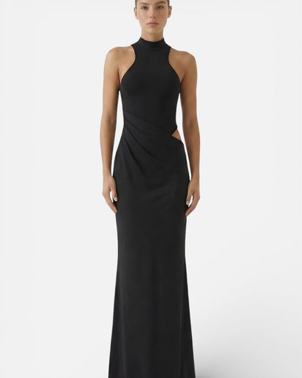 Front view of black halter cut out dress with sleek long maxi skirt