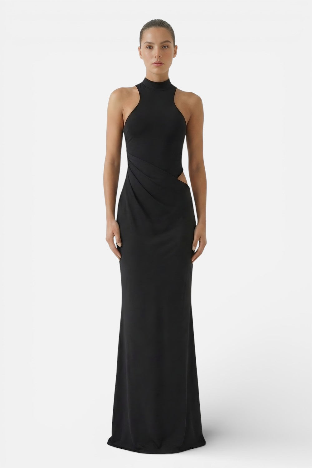 Front view of black halter cut out dress with sleek long maxi skirt