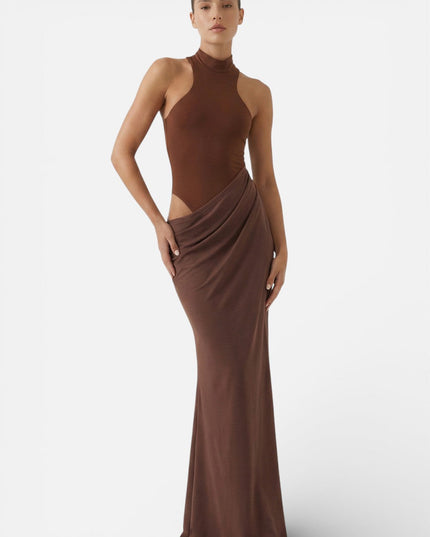 Brown halter maxi dress with side cut out and softly draped wrap skirt