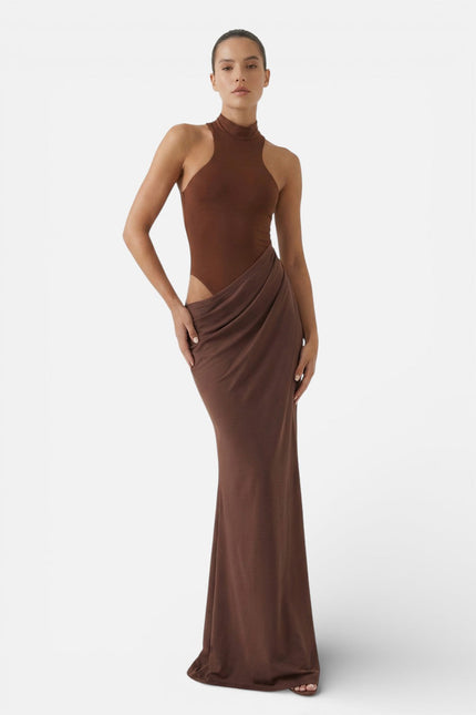 Brown halter maxi dress with side cut out and softly draped wrap skirt