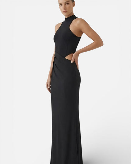 Black halter maxi dress with side cut outs and fitted floor-length silhouette