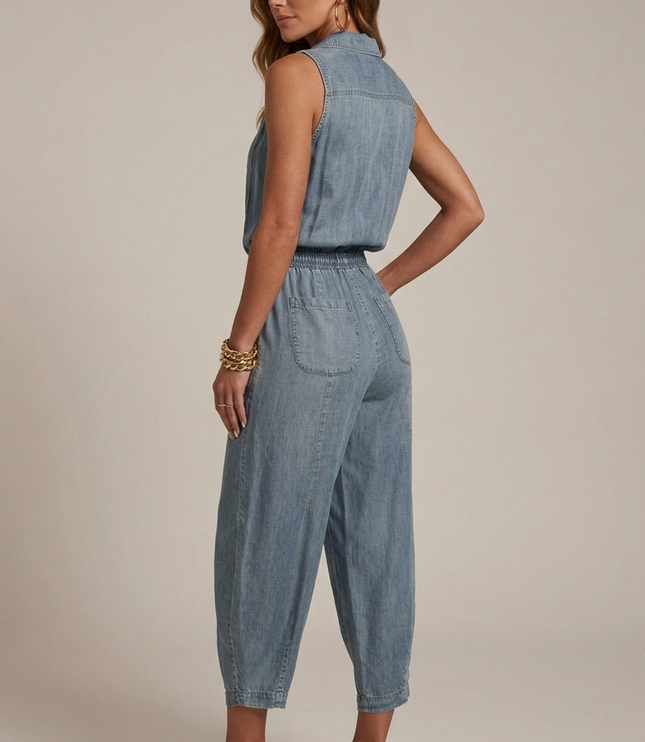 Back view of light blue sleeveless denim romper with pockets and elastic waist