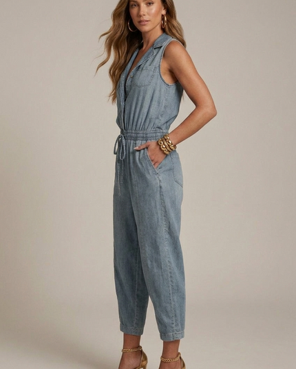 Side view of light blue sleeveless denim romper with chest pockets, drawstring waist, and pockets