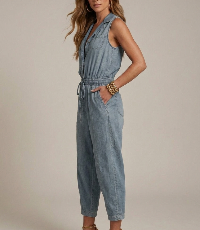 Side view of light blue sleeveless denim romper with chest pockets, drawstring waist, and pockets