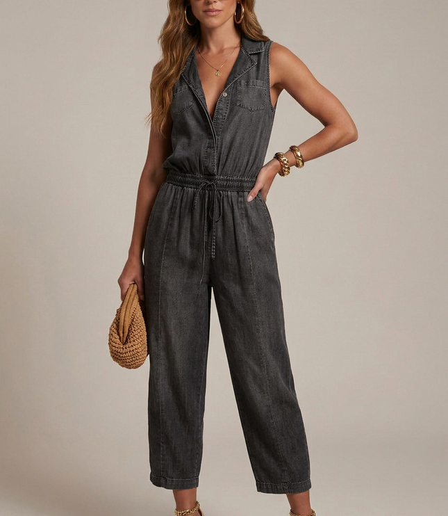 Dark charcoal sleeveless denim romper with pockets, drawstring waist, and cropped legs