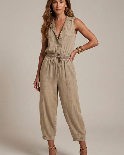 Beige sleeveless denim romper with pockets, drawstring waist, and tapered cropped legs