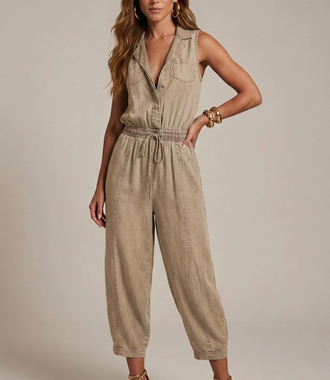 Beige sleeveless denim romper with pockets, drawstring waist, and tapered cropped legs