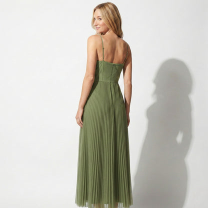 Back view of olive green summer midi dress with thin straps and pleated skirt