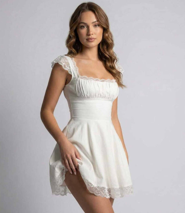White lace mini dress with square neckline, cap sleeves, and scalloped hem in a summer dress style