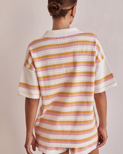 Back view of women's summer striped knit shorts set with short sleeve collared top