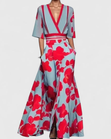Women's Summer Wedding Guest Wrap Top and Wide Leg Pants