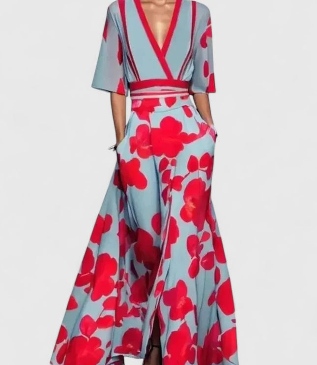 Women's Summer Wedding Guest Wrap Top and Wide Leg Pants