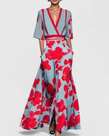 Women's Summer Wedding Guest Wrap Top and Wide Leg Pants
