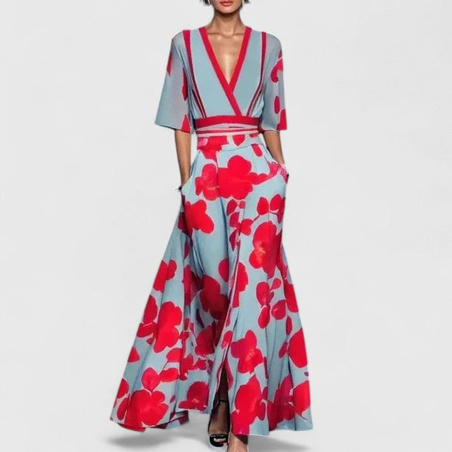 Women's Summer Wedding Guest Wrap Top and Wide Leg Pants