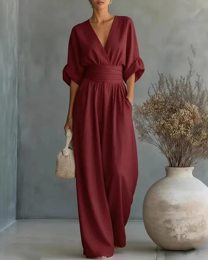 Women's Surplice V-Neck Wide Leg Summer Jumpsuit