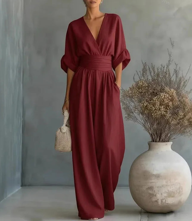 Women's Surplice V-Neck Wide Leg Summer Jumpsuit