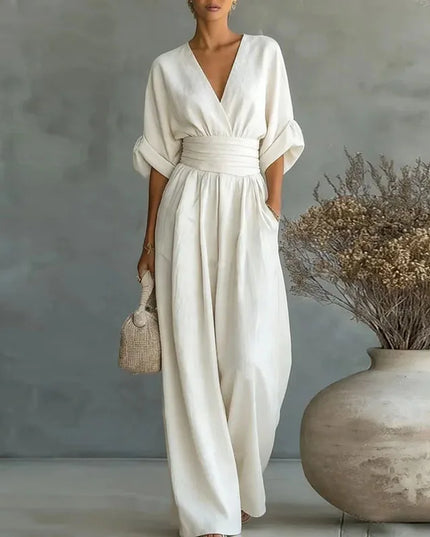 Women's Surplice V-Neck Wide Leg Summer Jumpsuit