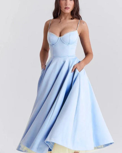 Light blue midi dress with pockets and full skirt for wedding guest