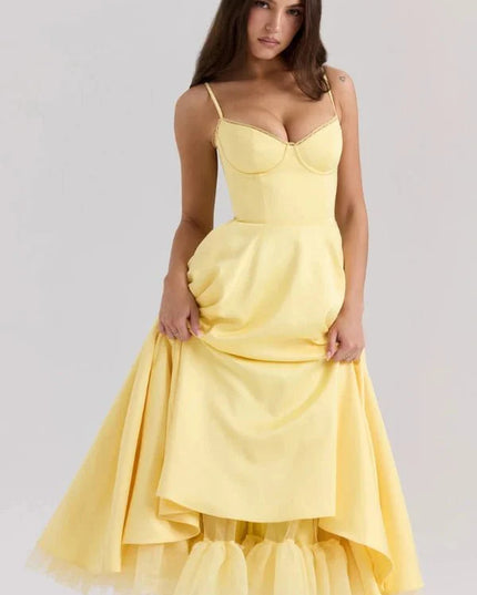 Yellow midi dress with sweetheart bust, fitted waist, and layered tulle hem for wedding guest wear