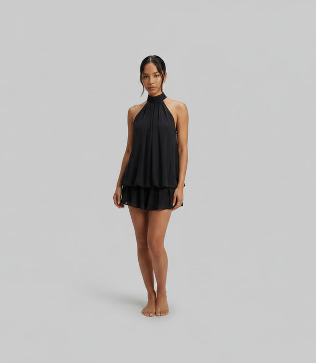 Women's Swing Mini Dress with a Tiered Hem and Tie-Back Neck