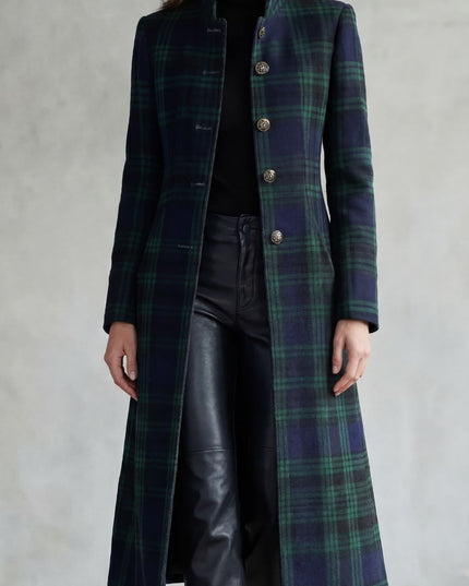 Women's Tartan High Neck Tailored Longline Winter Coat