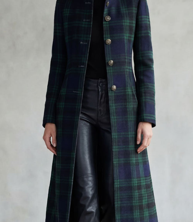 Women's Tartan High Neck Tailored Longline Winter Coat