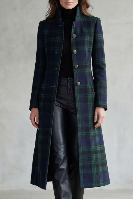 Women's Tartan High Neck Tailored Longline Winter Coat