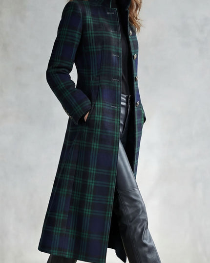 Women's Tartan High Neck Tailored Longline Winter Coat