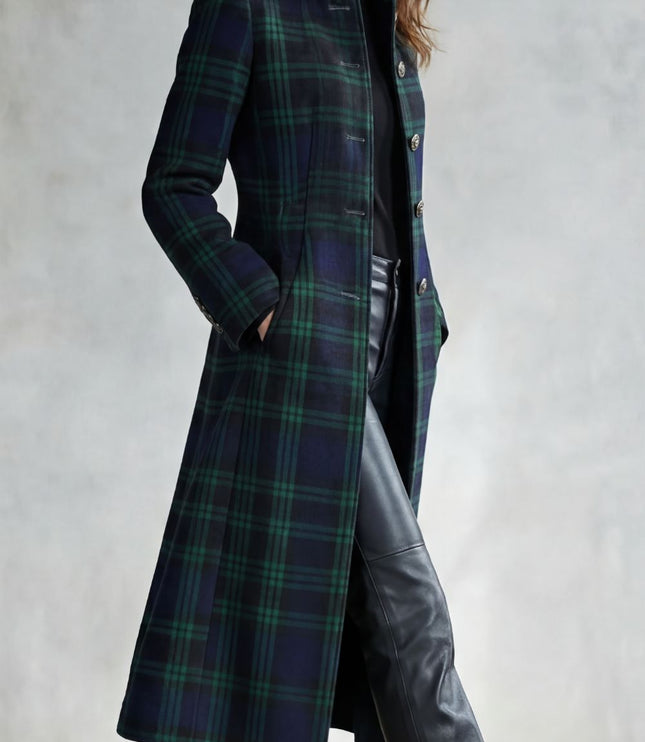 Women's Tartan High Neck Tailored Longline Winter Coat