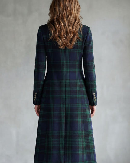 Women's Tartan High Neck Tailored Longline Winter Coat