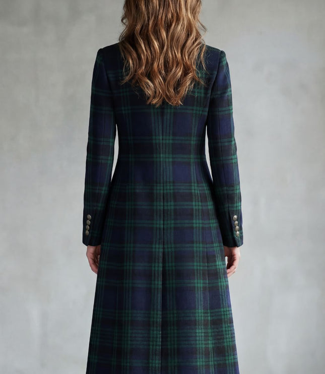 Women's Tartan High Neck Tailored Longline Winter Coat