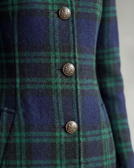 Women's Tartan High Neck Tailored Longline Winter Coat
