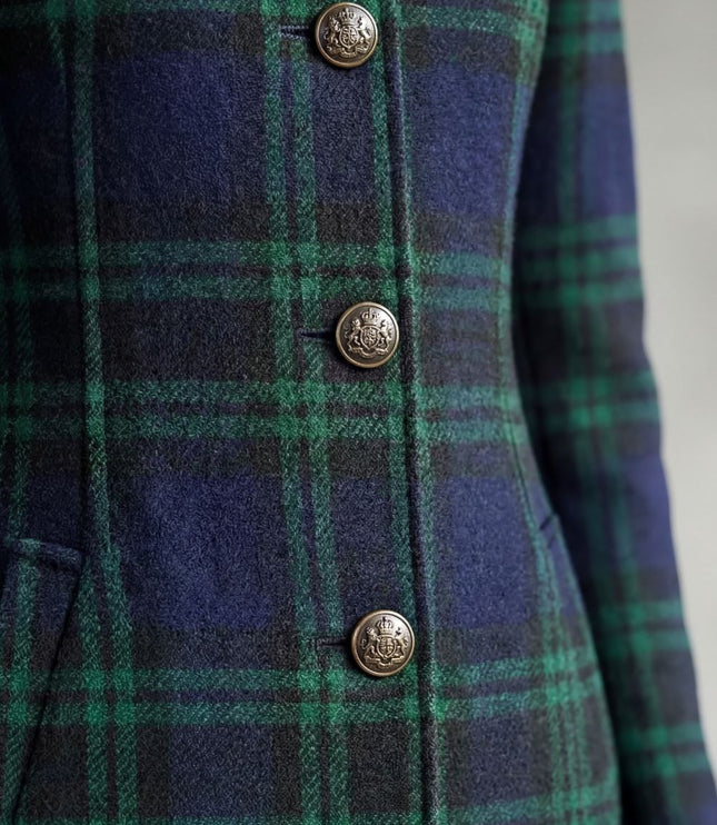 Women's Tartan High Neck Tailored Longline Winter Coat
