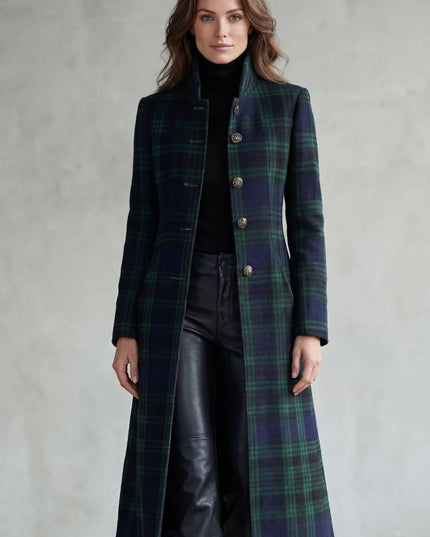 Women's Tartan High Neck Tailored Longline Winter Coat