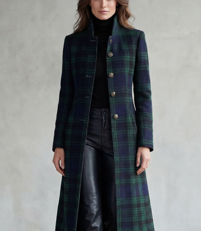 Women's Tartan High Neck Tailored Longline Winter Coat