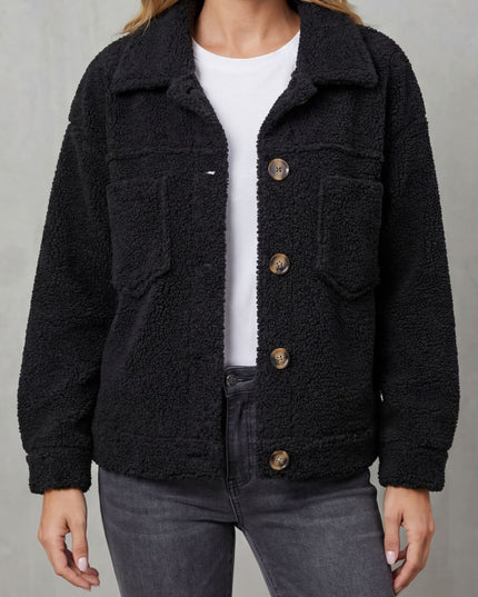 Women's Teddy Sherpa Fleece Button Up Collared Jacket