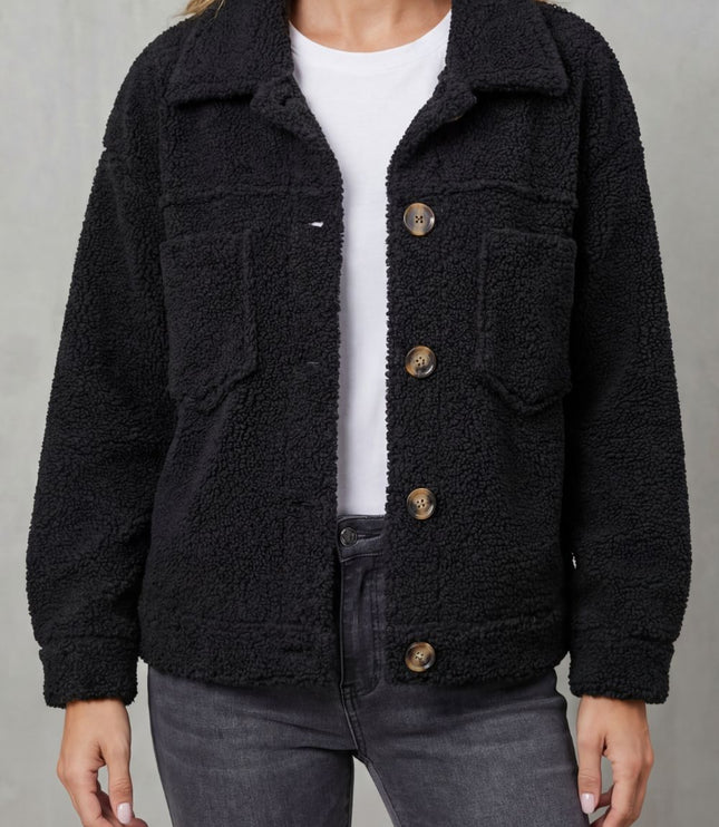 Women's Teddy Sherpa Fleece Button Up Collared Jacket