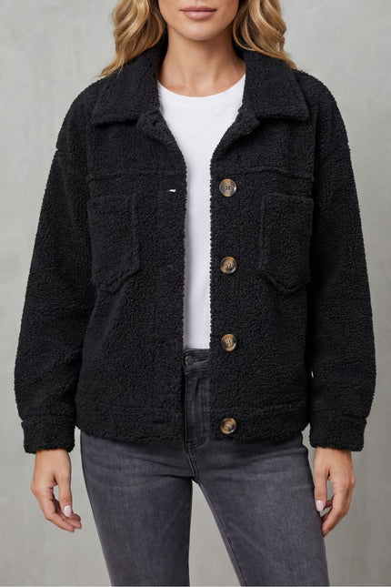 Women's Teddy Sherpa Fleece Button Up Collared Jacket